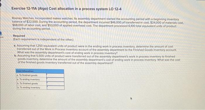 Question 1. Exercise 12-9A (Algo) Process cost system | Chegg.com