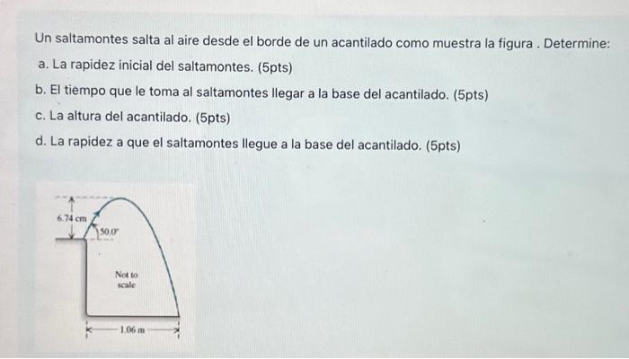 Un saltamontes salta al aire desde el borde de un acantilado como muestra la figura. Determine: a. La rapidez inicial del sal