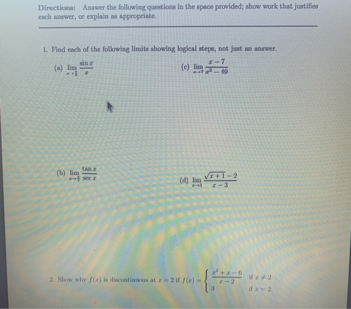 Solved Directions: Answer The Following Questions In The | Chegg.com