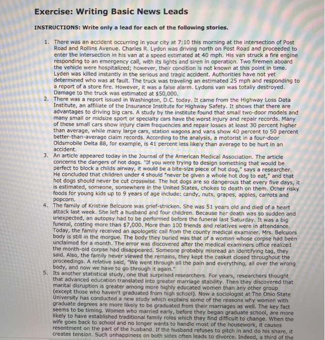 Exercise Writing Basic News Leads INSTRUCTIONS