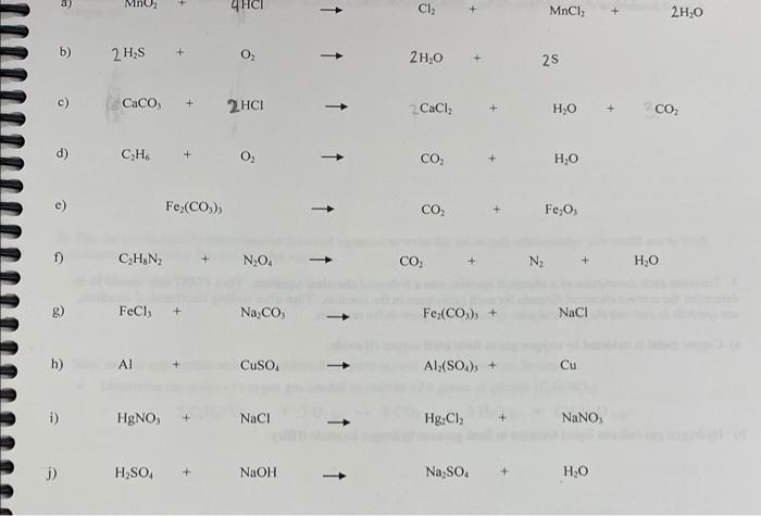 Solved a) MnO2 4HCI Cl MnCI: + 2H20 2 HS 0 2H,0 25 c) ) Caco | Chegg.com