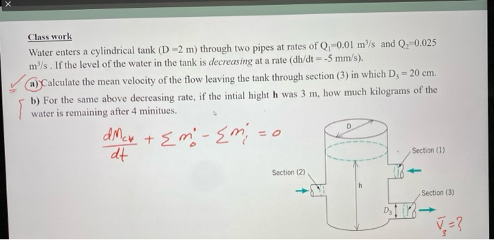 Solved Class work Water enters a cylindrical tank (D-2 m) | Chegg.com