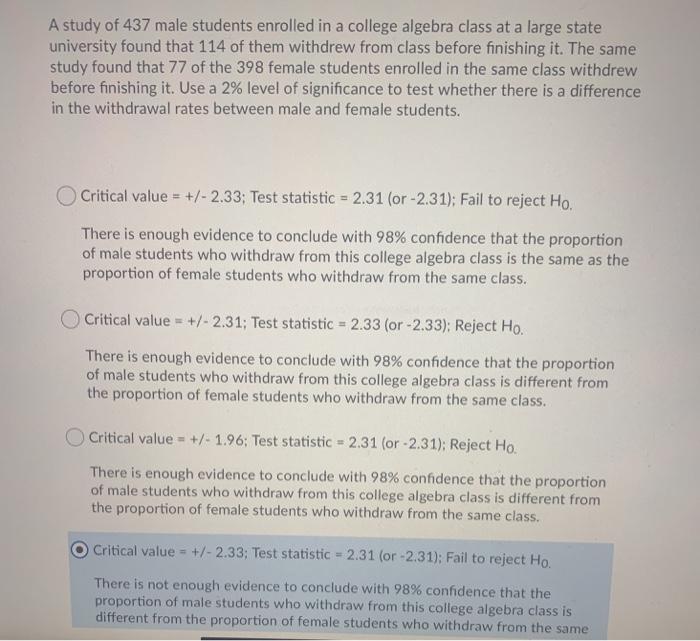 Solved A study of 437 male students enrolled in a college | Chegg.com