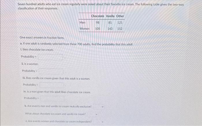 Seven hundred adults who eat ice cream regularly were asked about their favorite ice cream. The following table gives the two