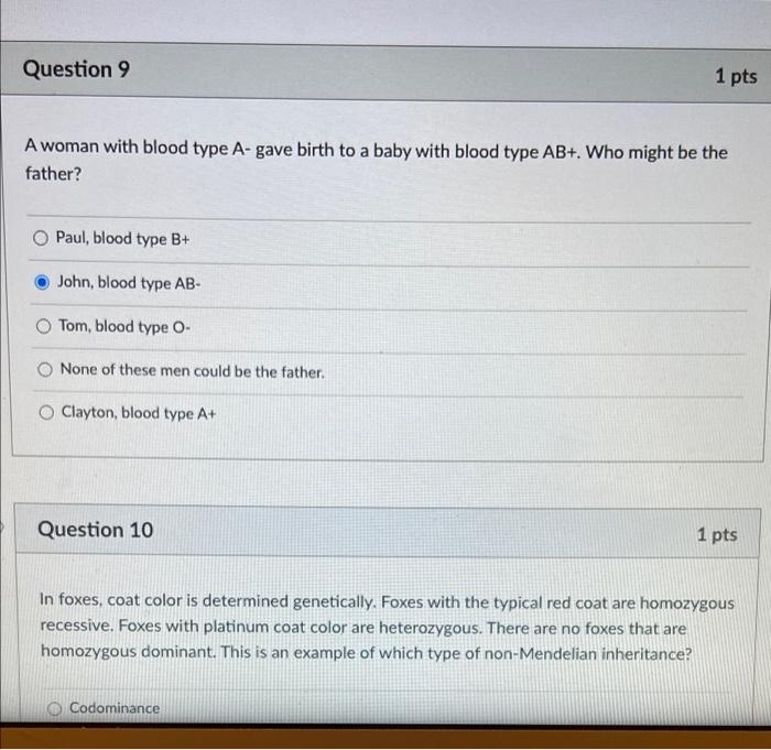 Solved Question 9 1 pts A woman with blood type A- gave | Chegg.com