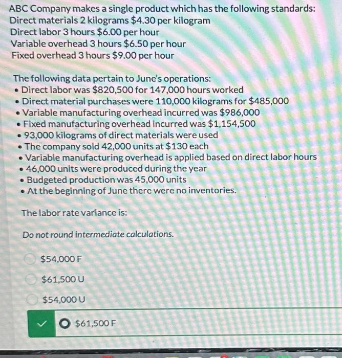 Solved ABC Company makes a single product which has the