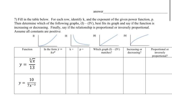 Solved 7 Fill in the table below. For each row identify k