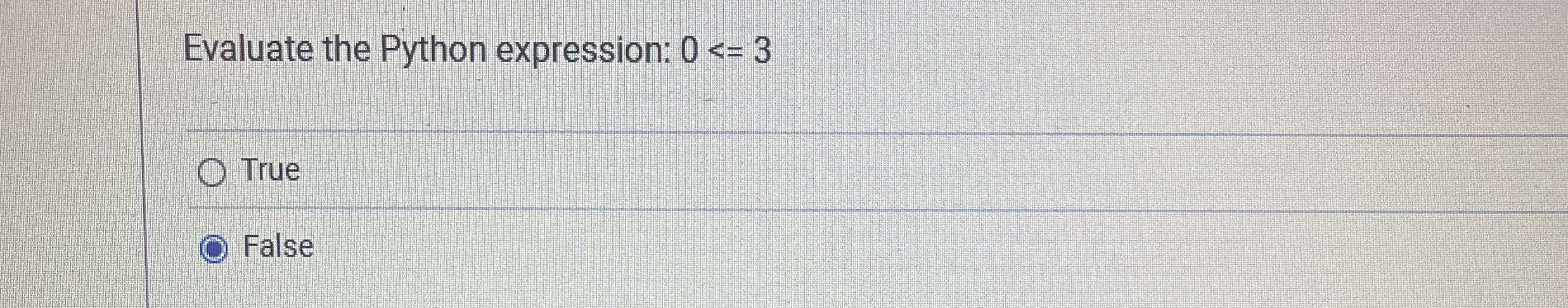 Solved Evaluate the Python expression: 0≤3TrueFalse | Chegg.com
