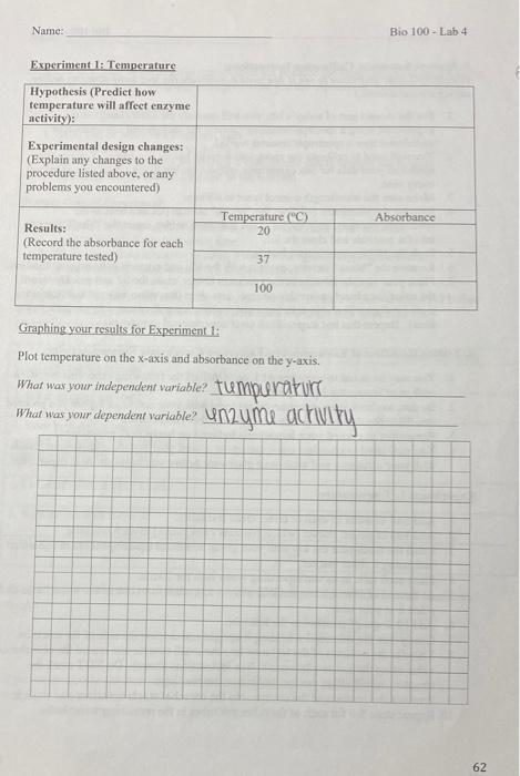Solved Name: Bio 100 - Lab 4 Experiment 1. Temperature | Chegg.com