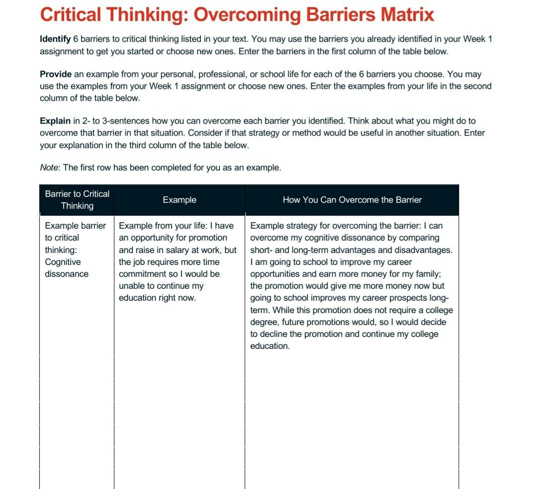 critical thinking overcoming barriers matrix