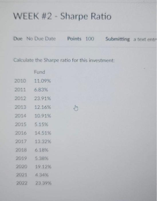 Solved WEEK \2 Sharpe Ratio Calculate the Sharpe ratio