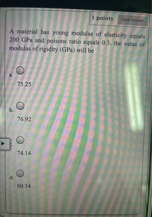 Solved 1 points Save Answer A material has young modulas of | Chegg.com