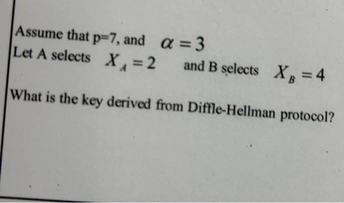 Solved Assume That P=7, And α=3 Let A Selects XA=2 And B | Chegg.com