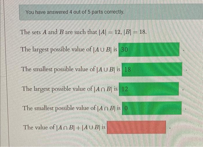 Solved The Sets A And B Are Such That ∣A∣=12,∣B∣=18. The | Chegg.com