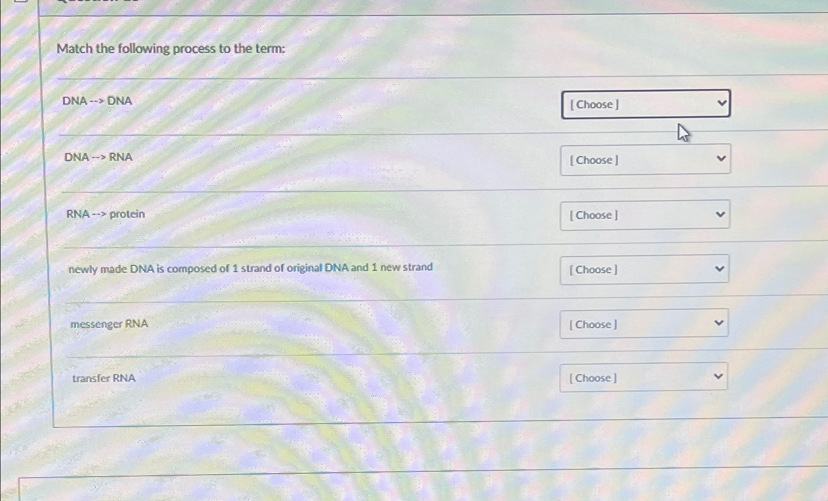 Solved Match the following process to the term:DNA → ﻿DNADNA | Chegg.com