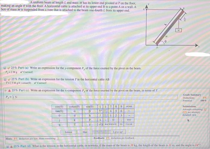 Solved A uniform beam of length L and mass M has its lower | Chegg.com