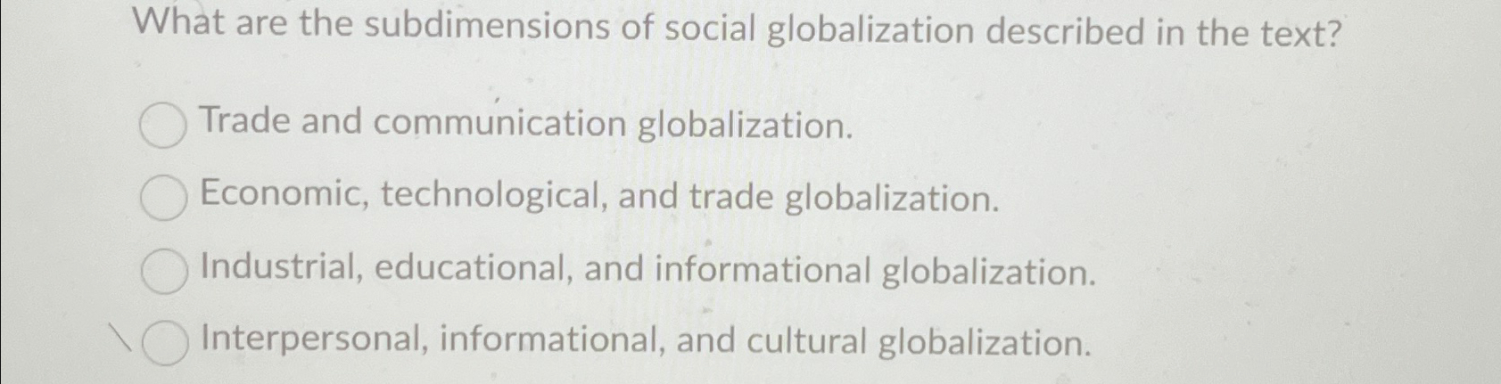 Solved What are the subdimensions of social globalization | Chegg.com