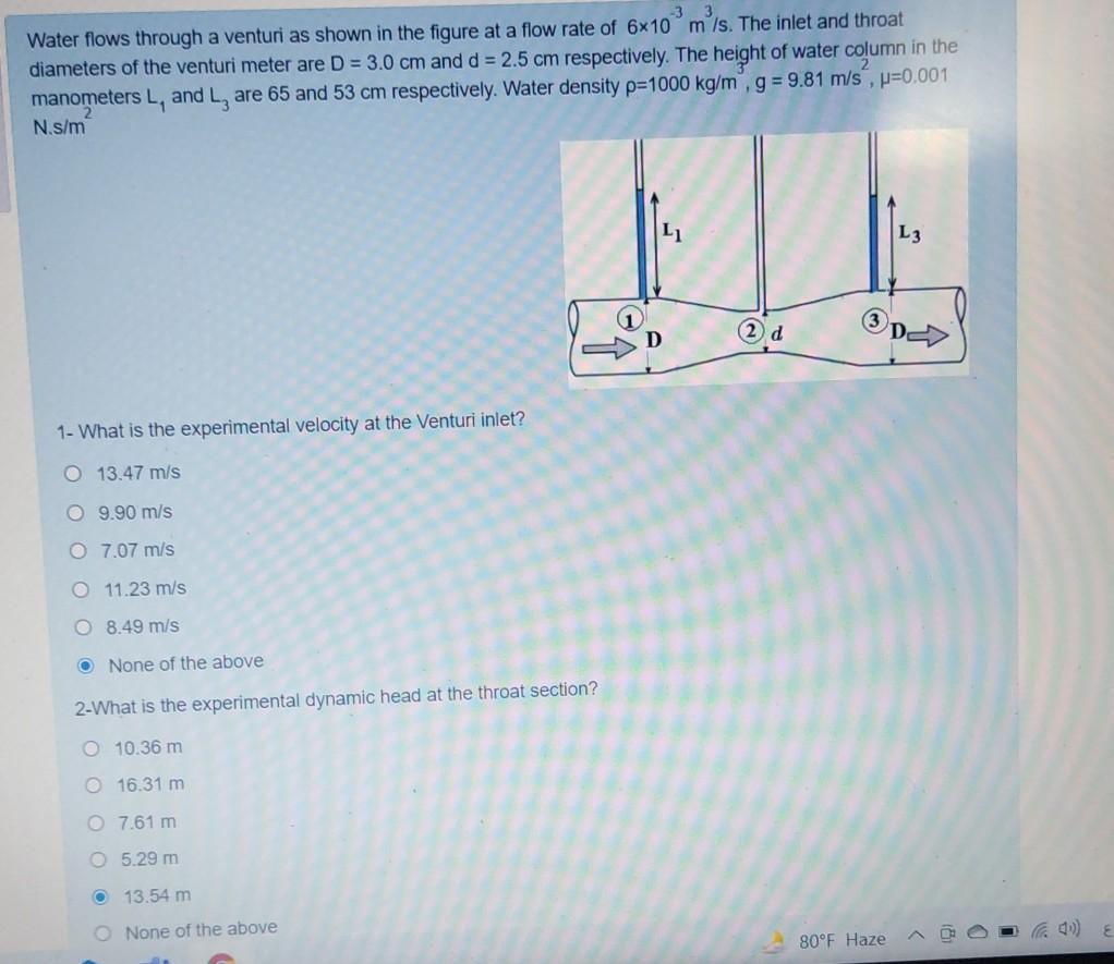 Solved Water flows through a venturi as shown in the figure | Chegg.com