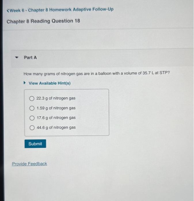 Solved How many grams of nitrogen gas are in a balloon with | Chegg.com