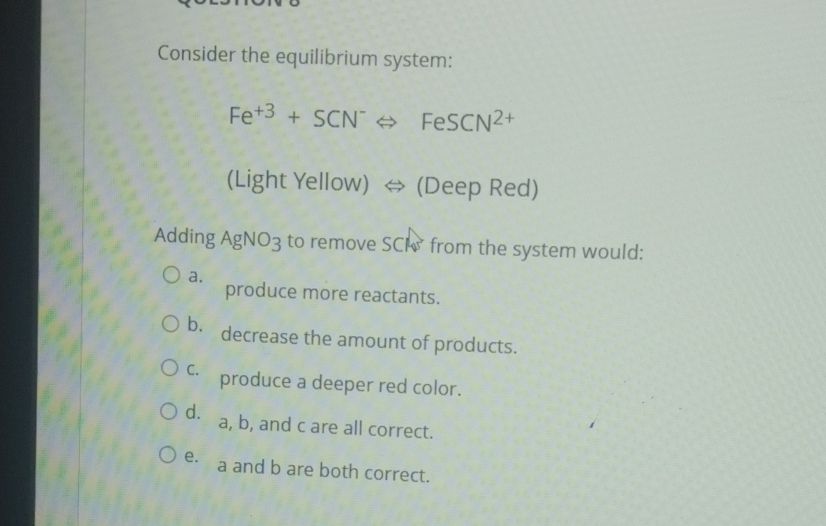 Solved Consider the equilibrium system:Fe+3+SCN-≤>FeSCN2+( | Chegg.com