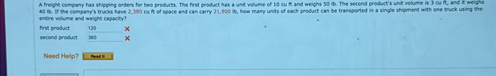 Solved entire volume and weight capacity?first productsecond | Chegg.com