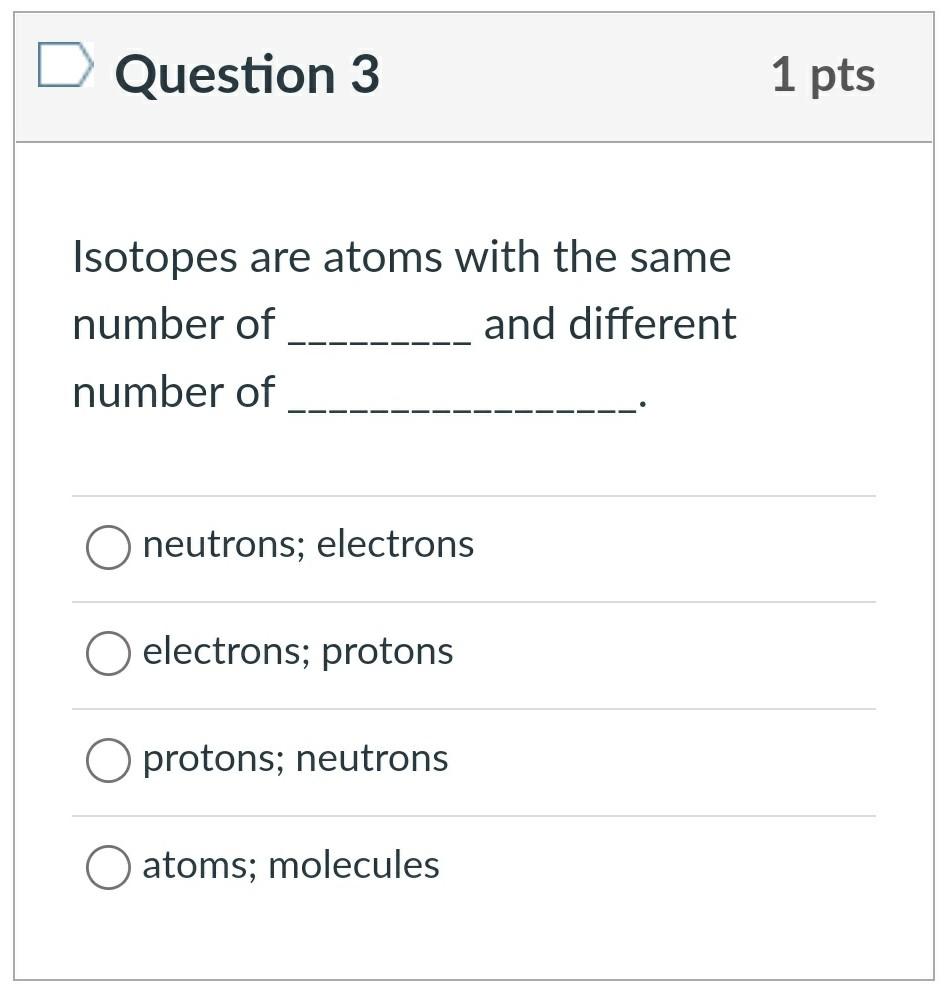 Solved Question 3 1 pts Isotopes are atoms with the same | Chegg.com