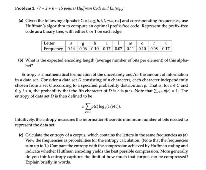 Solved Problem 2. (7 +2+6=15 Points) Huffman Code And | Chegg.com