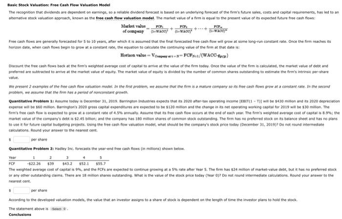 Solved Basic Stock Valuation: Free Cash Flow Valuation Model | Chegg.com