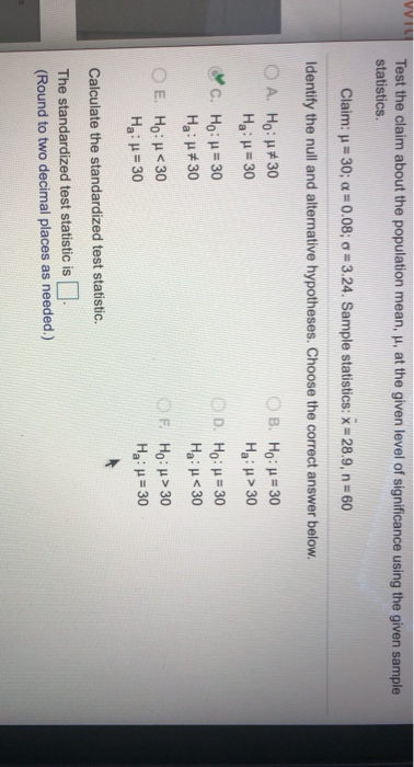 Solved Test the claim about the population mean, M, at the | Chegg.com