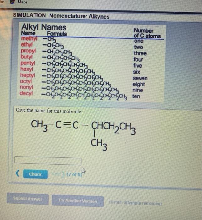 Solved Be Maps SIMULATION Nomenclature: Alkynes Alkyl Names | Chegg.com