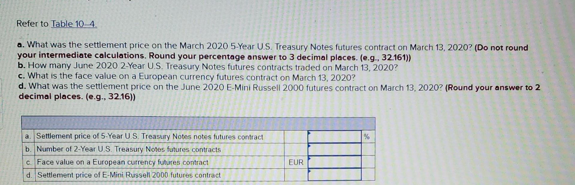 Solved Refer to Table 10_4. a. What was the settlement price