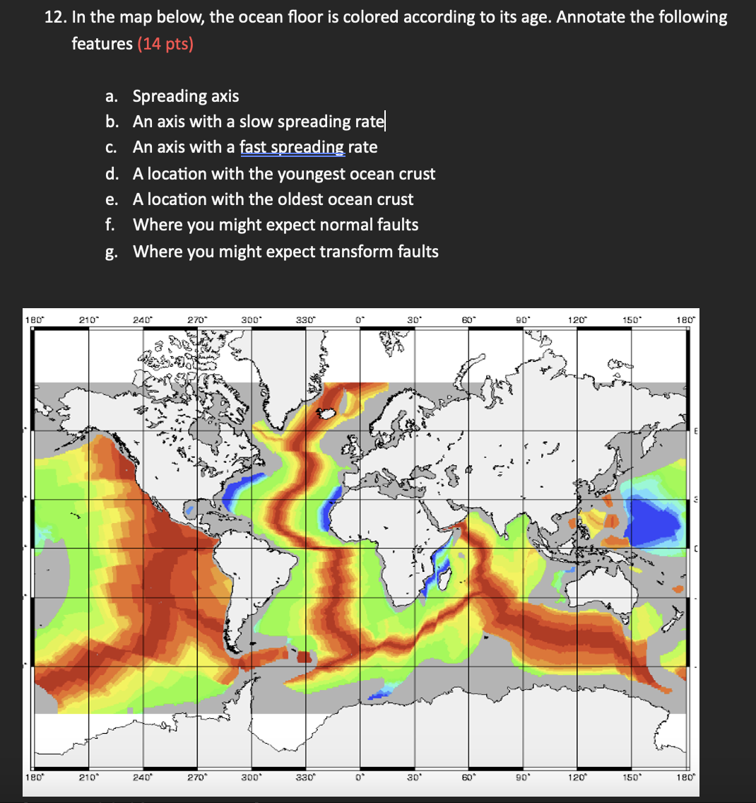 Solved In the map below, the ocean floor is colored | Chegg.com