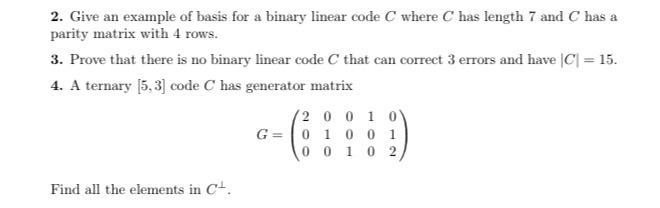 Solved 2. Give an example of basis for a binary linear code | Chegg.com