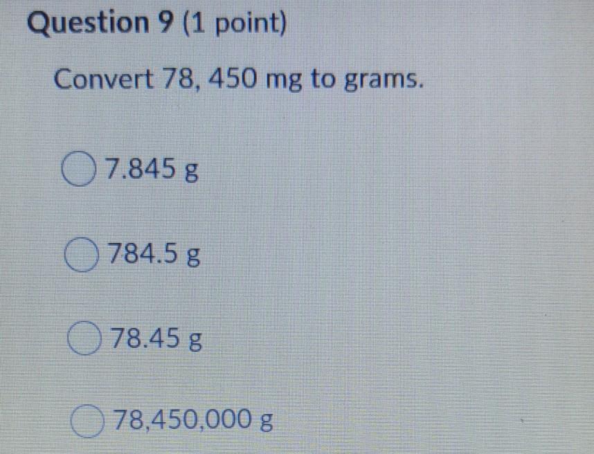 Solved Question 9 (1 point) Convert 78, 450 mg to grams. | Chegg.com