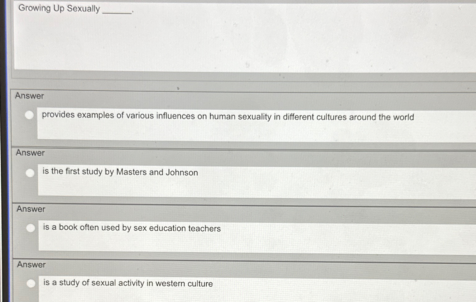 Solved Growing Up SexuallyAnswerprovides examples of various | Chegg.com