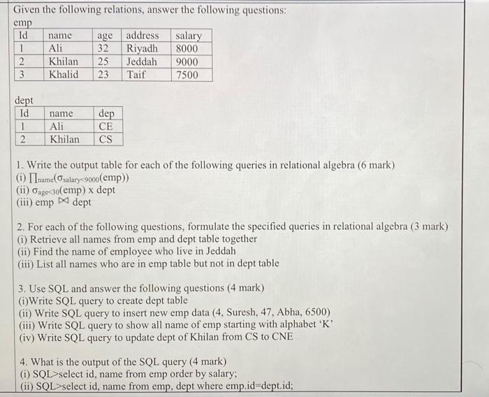 Name Given The Following Relations Answer The Chegg Com