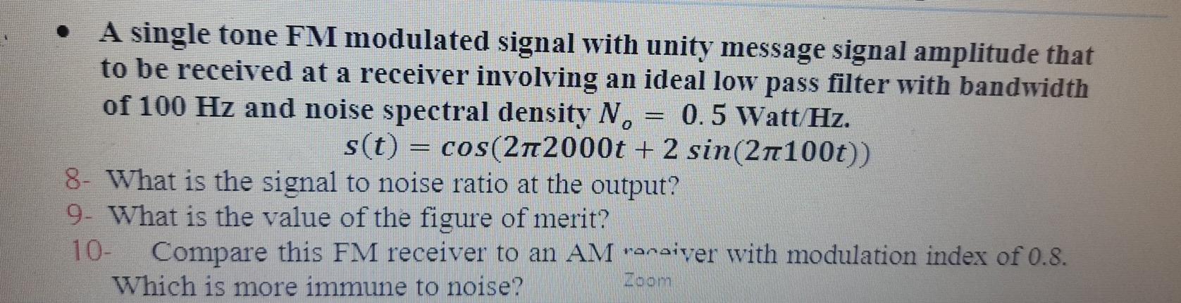 Solved A single tone FM modulated signal with unity message | Chegg.com