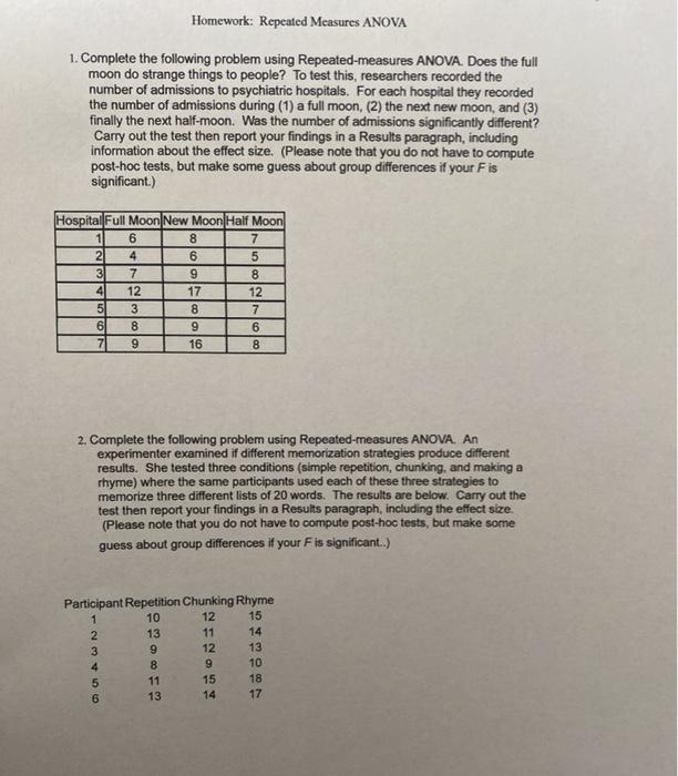 Solved Homework: Repeated Measures ANOVA 1. Complete the | Chegg.com