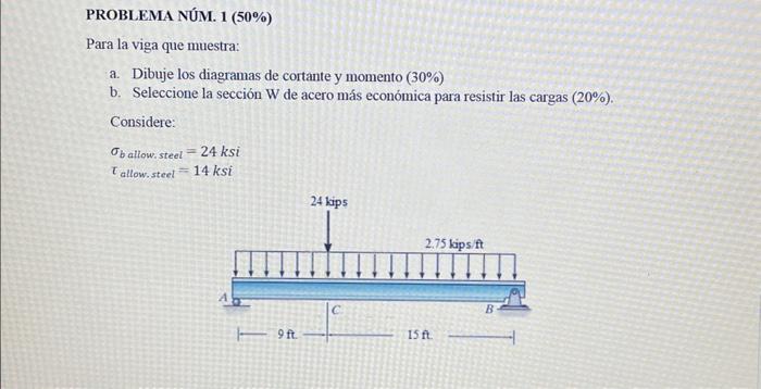 PROBLEMA NÚM. \( 1(50 \%) \) Para la viga que muestra: a. Dibuje los diagramas de cortante y momento \( (30 \%) \) b. Selecci