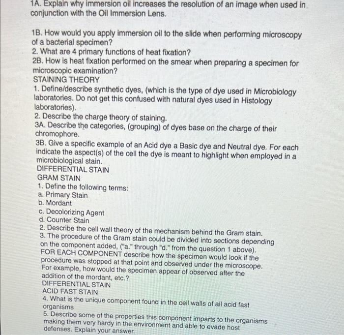 Solved 1A. Explain why Immersion oil increases the