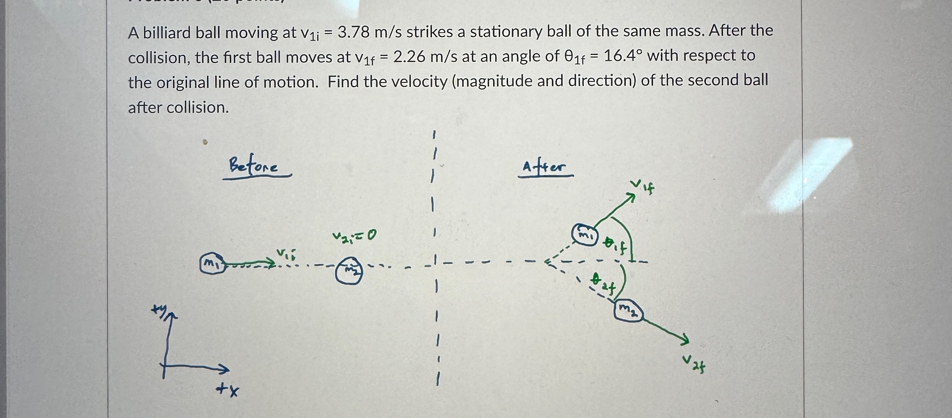 Solved A billiard ball moving at v1i=3.78ms ﻿strikes a