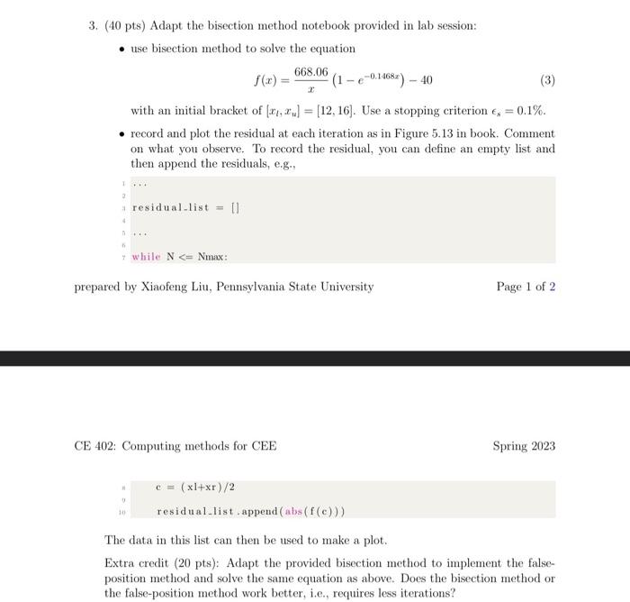 Solved 3. (40 Pts) Adapt The Bisection Method Notebook | Chegg.com