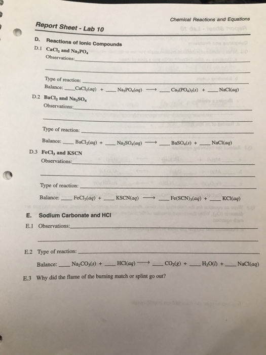 Solved Chemical Reactions And Equations Report Sheet - Lab | Chegg.com