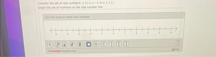 Consider the set of real numbers: \( \{x \mid x<-1 \) or \( x>1\} \)
Grap