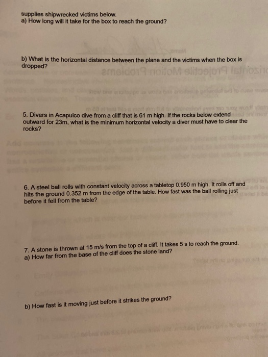 Solved Horizontal Projectile Motion Problems Directions: | Chegg.com