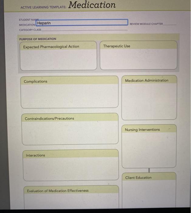 ACTIVE LEARNING TEMPLATE: Medication STUDENT NAME MEDICATION CATEGORY CLASS Heparin REVIEW MODULE CHAPTER PURPOSE OF MEDICATI