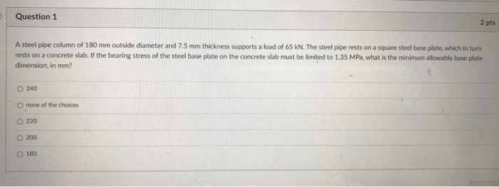 Solved Question 1 2 pts A steel pipe column of 180 mm | Chegg.com