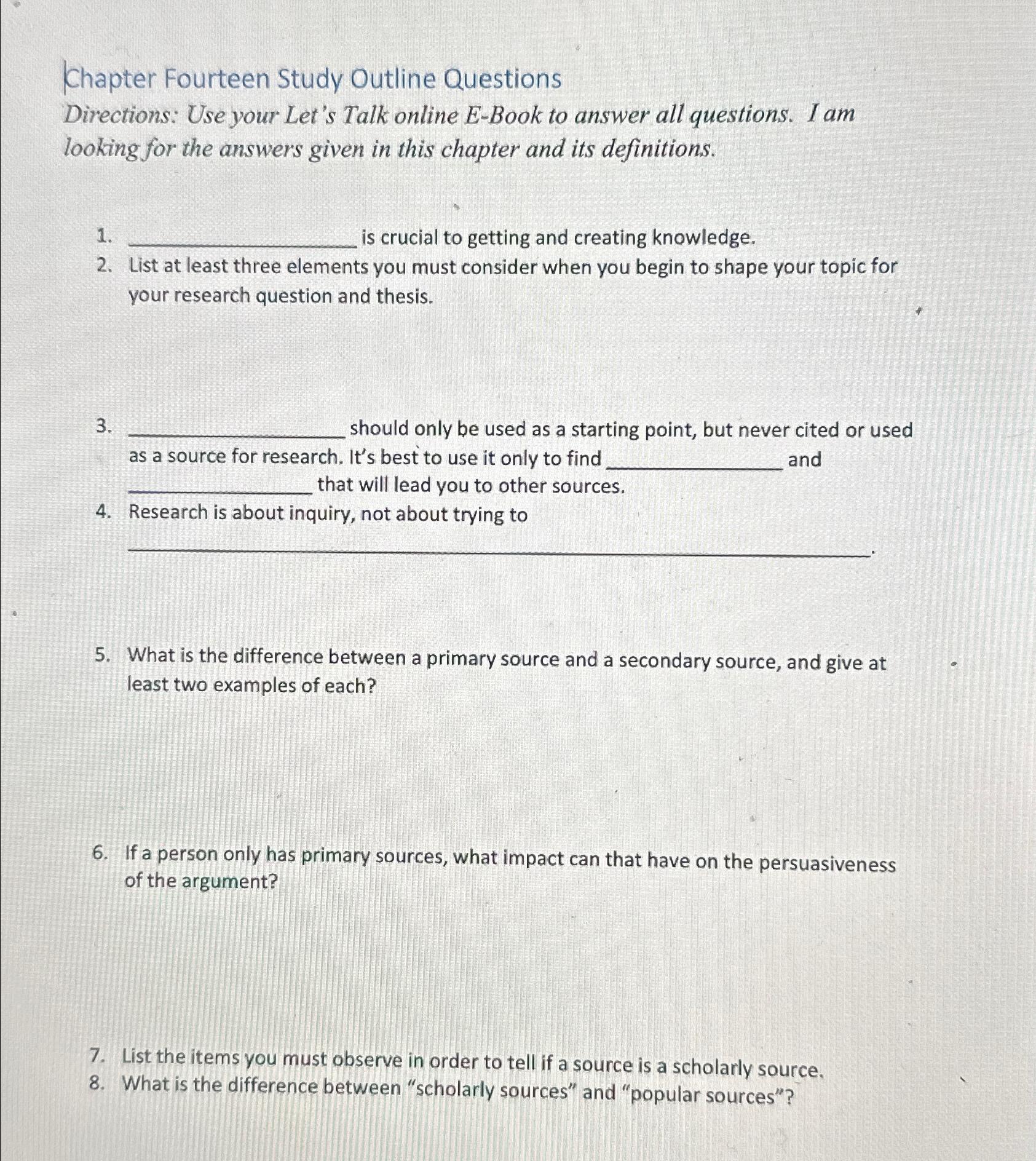 Solved Chapter Fourteen Study Outline QuestionsDirections: | Chegg.com