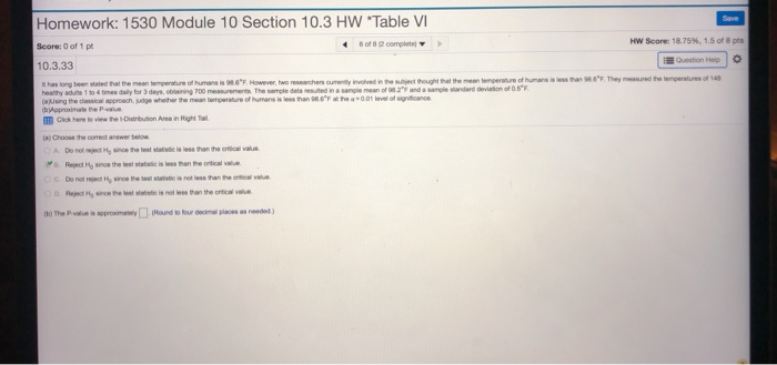Solved Homework: 1530 Module 10 Section 10.3 HW *Table VI | Chegg.com