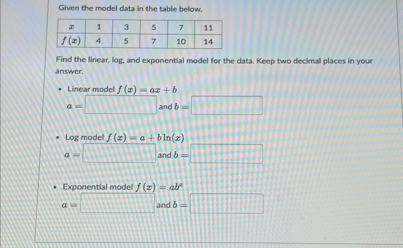 Solved Given the model data in the table | Chegg.com